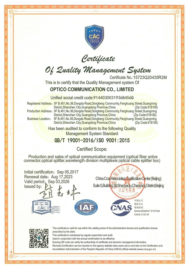 ISO Certificate of OPTICO Communcation ISO Certificate of OPTICO Communcation